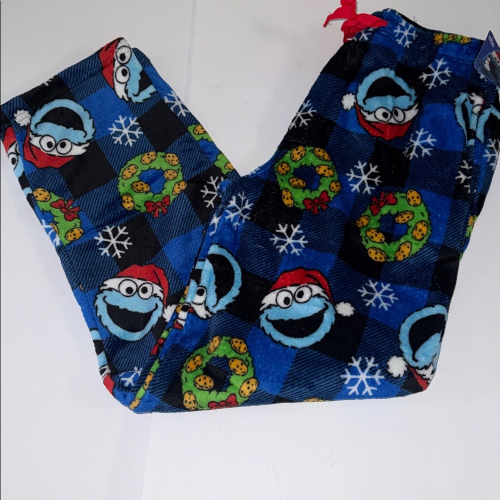 Sesame Street Christmas Fleece Sleep Pajama Pant Cookie Monster Wreath Mens L